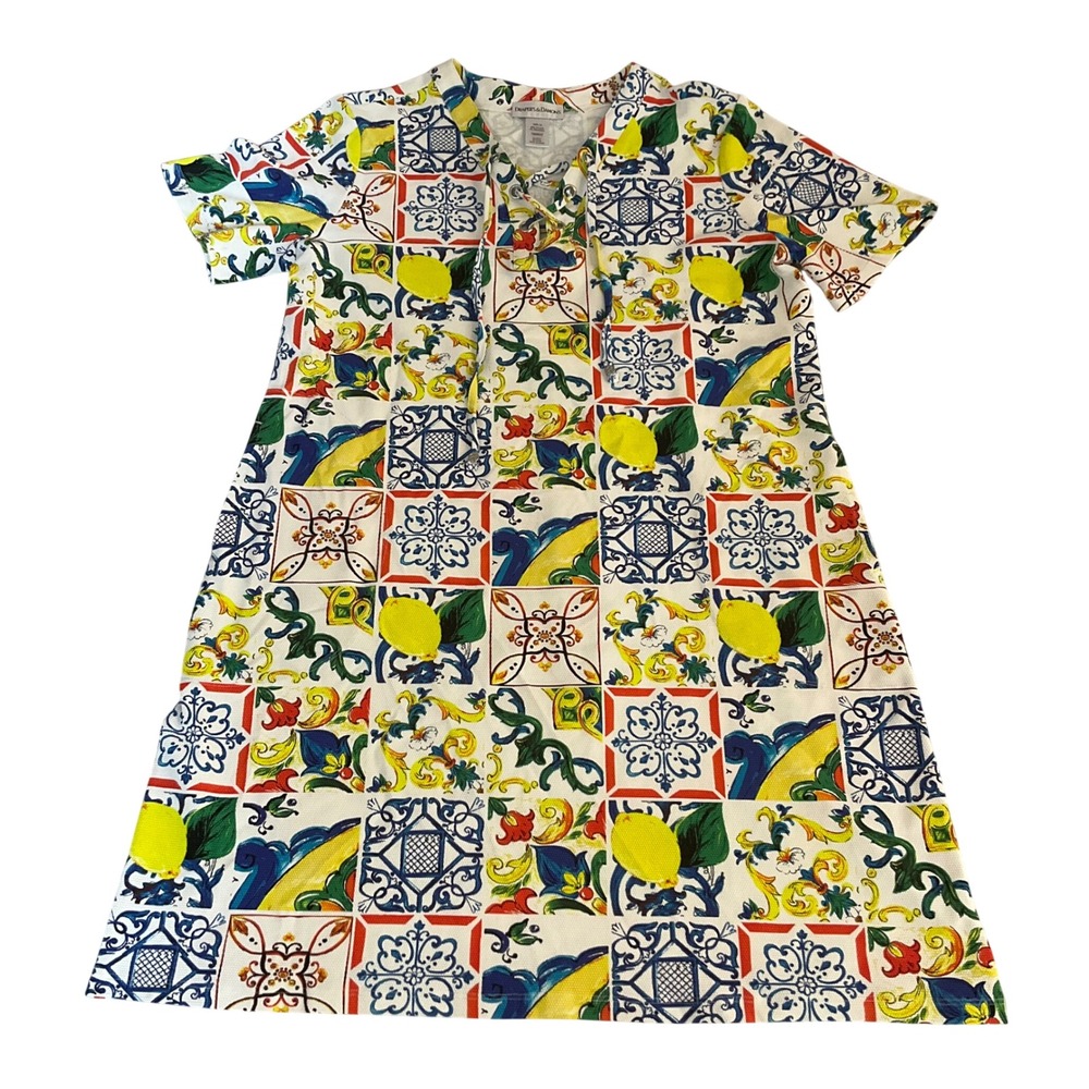 Draper's & Damon's Tunic Top Womens XL White Lemon Tile Print Lace Up 7926DD